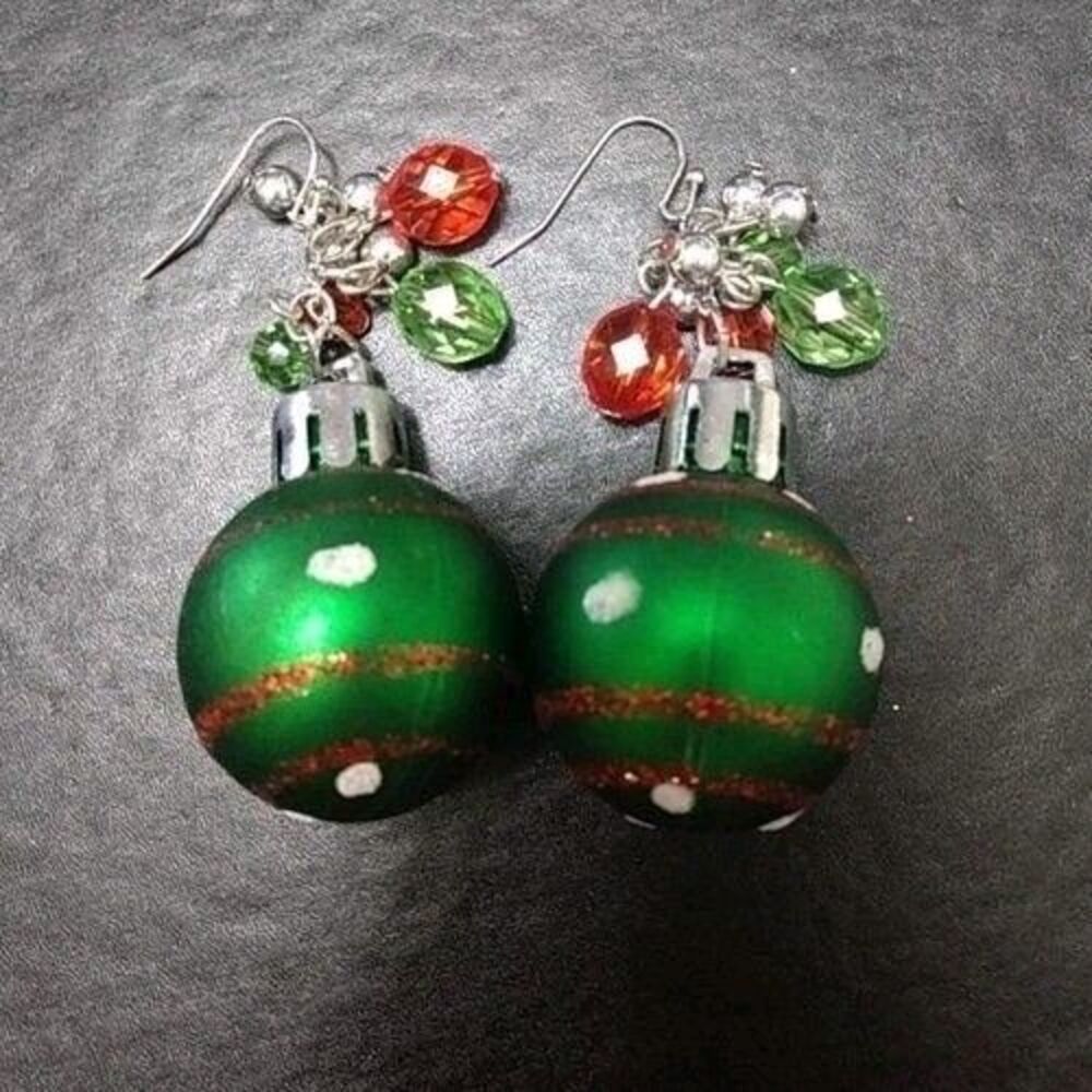 Green Holiday Ornament Dangling Earrings Red Green Beads Christmas
